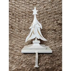 Vintage Rustic White & Gold Cast Iron Christmas Tree Stocking Holder Holiday